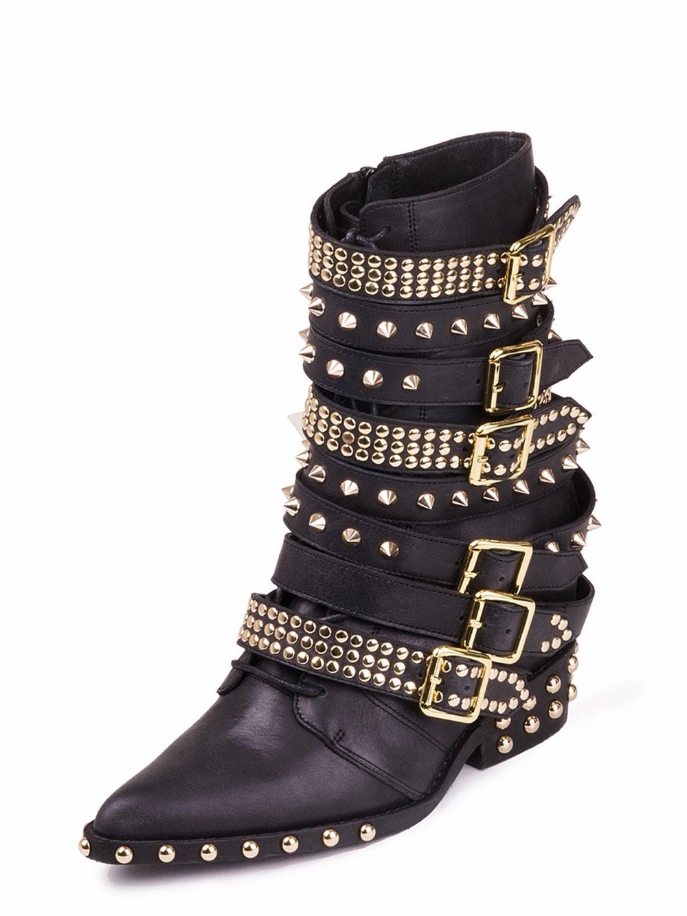 Jeffrey Campbell Black Studded Lace-Up Buckle Boots with Gold Hardware